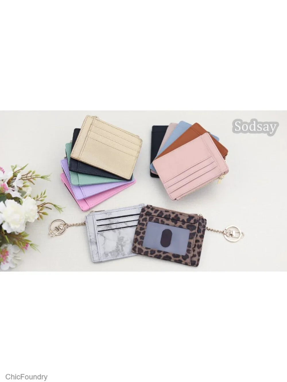 Slim Card Holder Wallet with Keychain Faux Leather Front Pocket